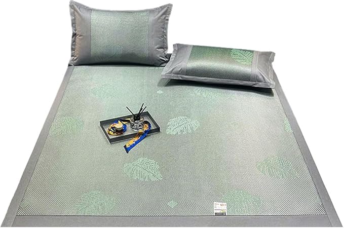 Square Cooling Bedding Mat,Ice Silk Rattan Matting,Foldable Jacquard Mixed Ice Silk & Rattan Mat,冰藤席 (Green, King)