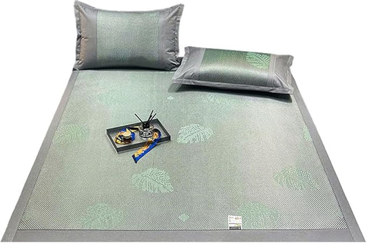 Square Cooling Bedding Mat,Ice Silk Rattan Matting,Foldable Jacquard Mixed Ice Silk & Rattan Mat,冰藤席 (Green, Twin)