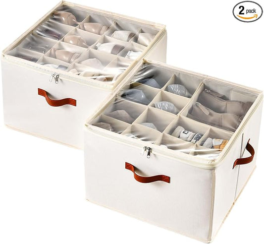 INSTY Shoe Organizer for Closet, 2 Pack Foldable Shoe Storage Containers, Fits up to 16-32 Pairs, Adjustable Dividers for Shoe Organizer, Fabric Shoe Storage Bins with Clear Cover, Beige by INSTY