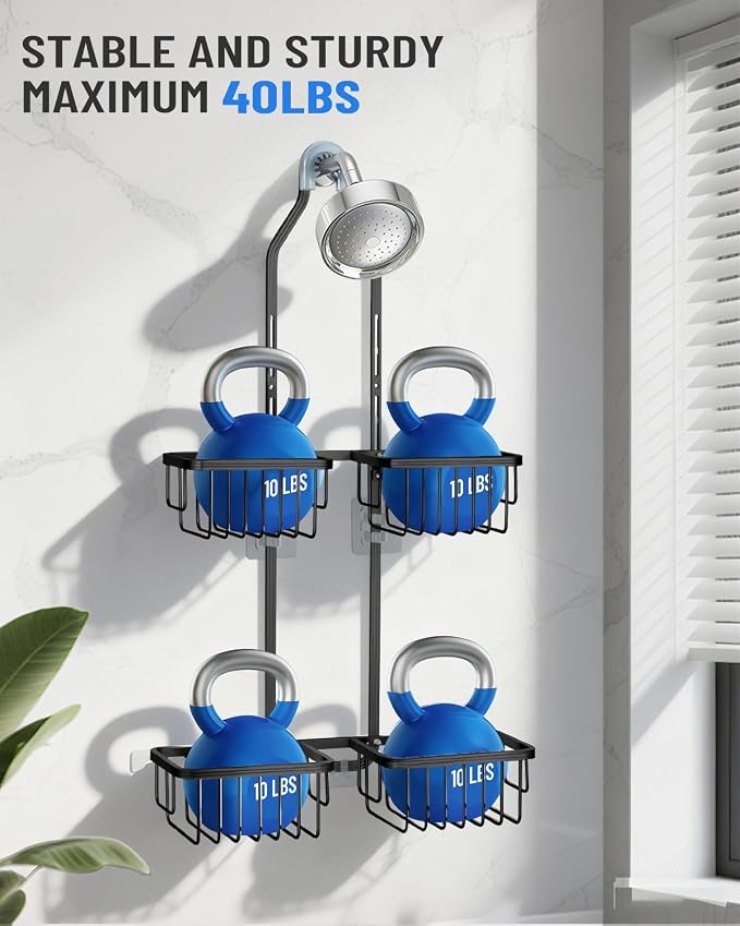 Adjustable Shower Caddy Hanging for Handheld Showerheads - Never Rust Shower Hanging Organizer, Upgraded Bathroom Shower Rack with Soap Basket, Hooks and Toothbrush Holder (Black) - Image 7