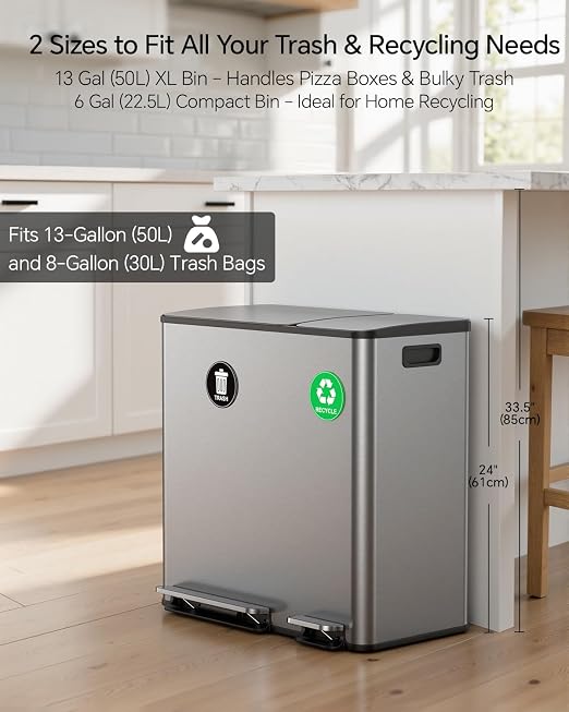 Lovewind Dual Trash and Recycling Bins for Kitchen, 13+6 Gallon Stainless Steel Garbage and Recycle Bin Combo for Large Families, Dual Trash Can with Soft Close Lid & Magnetic Stickers, Silver - Image 2