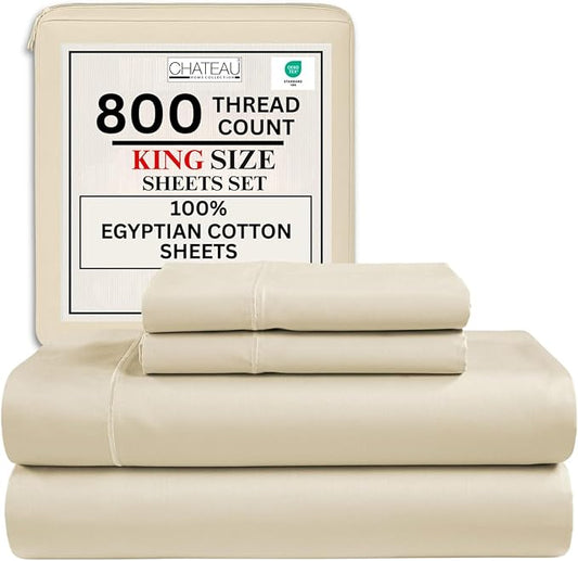 King Sheets Deep Pocket King Sheet Set, 100% Cotton Bed Sheets, 800TC 4PC Sateen Weave Luxury Bedding Sheet & Pillowcase Sets, Soft & Comfy Naturally Cool, No Pill Machine Washable - Ivory