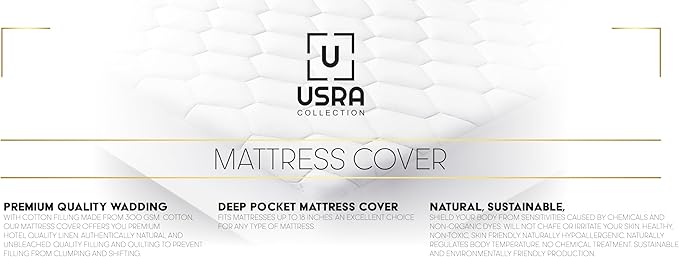 USRA 100% Cotton Twin Mattress Topper Protector Cover - 300 GSM Quilted Non-Toxic 18" Deep Premium Quality Thick Soft Water Resistant Pad for Mattress - Oeko-TEX Certified