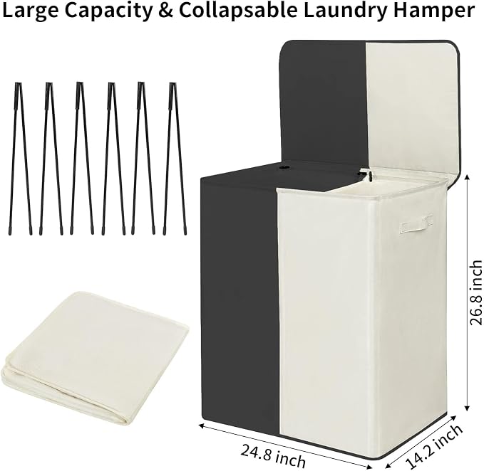 WOWLIVE Double Laundry Baseket with Lid and Removable Laundry Bags,154L Large Laundry Hamper 2 Section Collapsible Dirty Clothes Hamper for Laundry Room,College Dorm,Bathroom,Black and Beige - Image 3