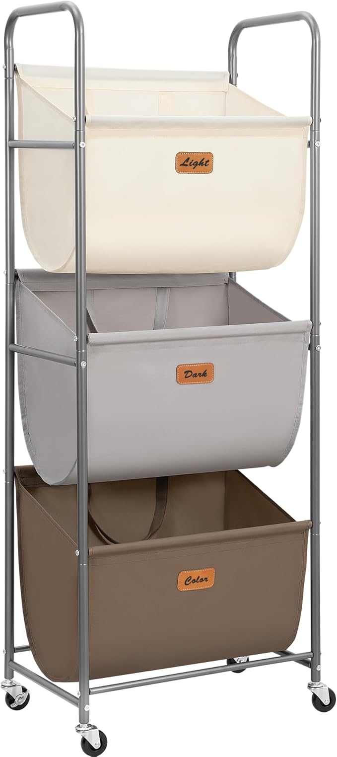 STORAGE MANIAC 120 Liters Vertical Rolling Laundry Hamper, 3 Section Laundry Sorter with Wheels and 2 Breaks, 3-tier Laundry Baskets for Small Space, Dorm, Laundry Room, Closet, Multicolored 3-tier by STORAGEMANIAC