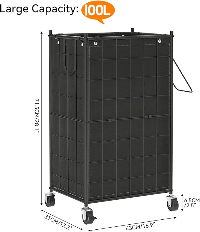 WOWLIVE Laundry Hamper with Wheels,Metal Wire Frame Rolling Laundry Basket with Removable bag,100L Dirty Clothes Hamper Organizer Dorm Room Storage for Bedroom,Bathroom,Black - Image 4