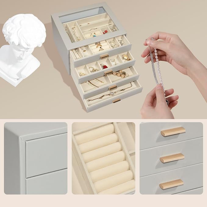 Jewelry Box with Glass Lid, 4-Layer Jewelry Organizer for Women Girls, PU Leather Display Case with 20-Grid Earring Tray & Movable Dividers for Necklaces Rings,Grey - Image 6