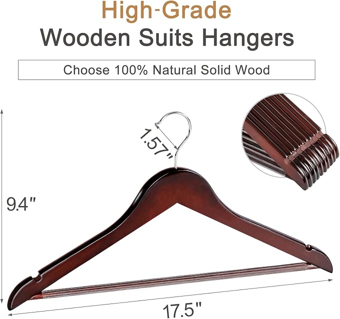 TOPIA HANGER Wooden Coat Hangers 30 Pack, Cherry Wood Suit Hangers with Non Slip Pants Bar, 360° Swivel Hook and Shoulder Notches for Camisole, Jacket, Pants, Smooth Finish Clothes Hangers - CT34M30 - Image 2