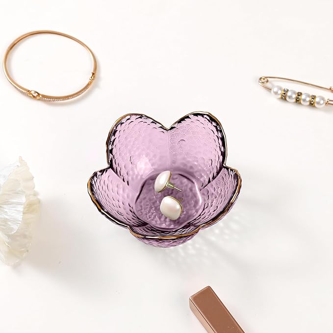 Purple Flower Jewelry Dish Glass Ring Holder Dish Jewelry Tray Cute Vanity Organizer Aesthetic Nightstand Bathroom Room Decor Trinket Dish Mothers Day Friendship Christmas Birthday Gifts for Women - Image 3