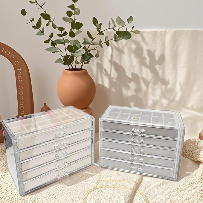 Acrylic Earring Holder Organizer with 5 Drawers Clear Earring Organizer Box with 90 Adjustable Grids Velvet Earring Display Case Jewelry Organizer for Earrings Rings Studs (Grey) - Image 5