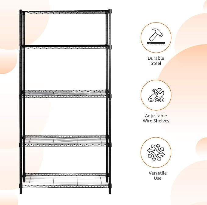 Amazon Basics 5-Shelf Adjustable Heavy Duty Steel Wire Storage Shelves for Garage, Kitchen, Easy Assembly, 36" x 14" x 72", Black | Heavy Duty, Adjustable, for Kitchen, Garage, Shelving Organizer - Image 4