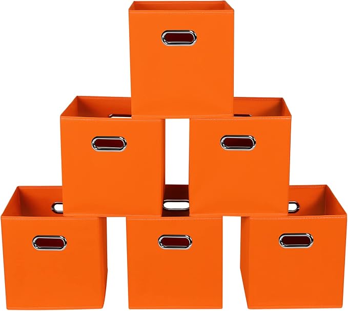 Fabric storage bins Cubes, Fabric Cube Organizer with Handle, Foldable Cube Bins for Cloth or Accessary Storage, 11x11x11, Set of 6, (Orange) by Yunkeeper