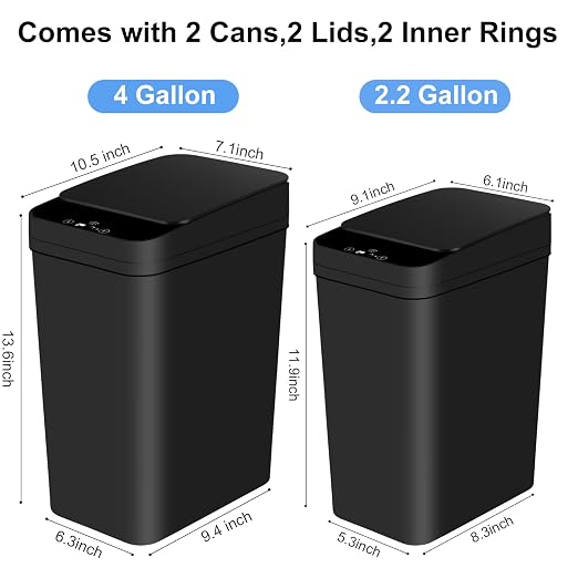 Anborry Bathroom Automatic Trash Can 2 Pack 2.2 Gal & 4 Gal Touchless Motion Sensor Small Garbage Can with Lid Smart Electric Narrow Garbage Bin for Bedroom Office Kitchen (Black) - Image 5