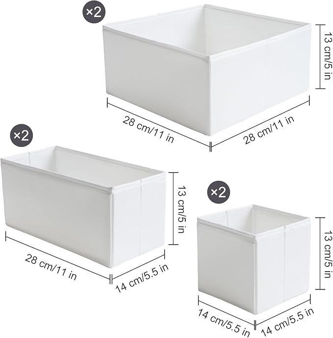 TYEERS Drawer Organizers, Durable Fabric, Washable, with Base Support Boards, Small Storage Boxes for Bathroom, Closet, Dresser, Set of 6, White - Image 2