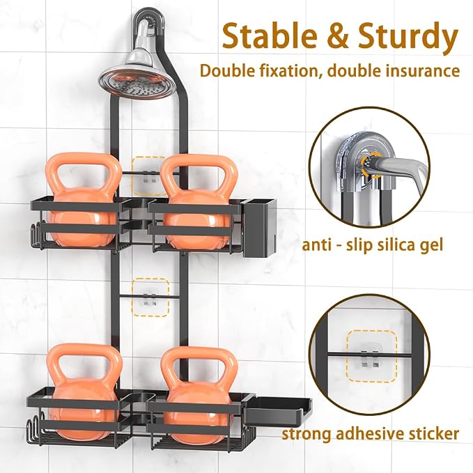 Over the Shower Head Caddy for Handheld Showerhead - Rustproof Hanging Shower Organizer, No Drill 2-Tier Bathroom Storage Shelf with Soap Holder, Black - Image 5