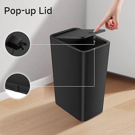 TIPGO Bathroom Trash Can with Lid, 4 Gallon / 15 Liter Small Garbage Can, Press Top Bin, Plastic Wastebasket with Pop-Up Lid for Bedroom, Living Room, Office (Black) - Image 4