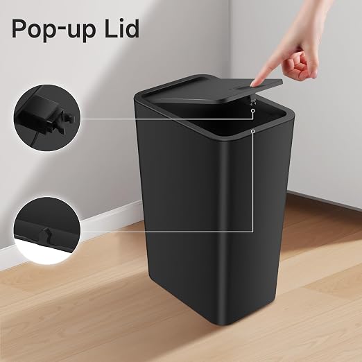 TIPGO Bathroom Trash Can with Lid, 4 Gallon / 15 Liter Small Garbage Can, Press Top Bin, Plastic Wastebasket with Pop-Up Lid for Bedroom, Living Room, Office (Black, 2 Pack) - Image 4