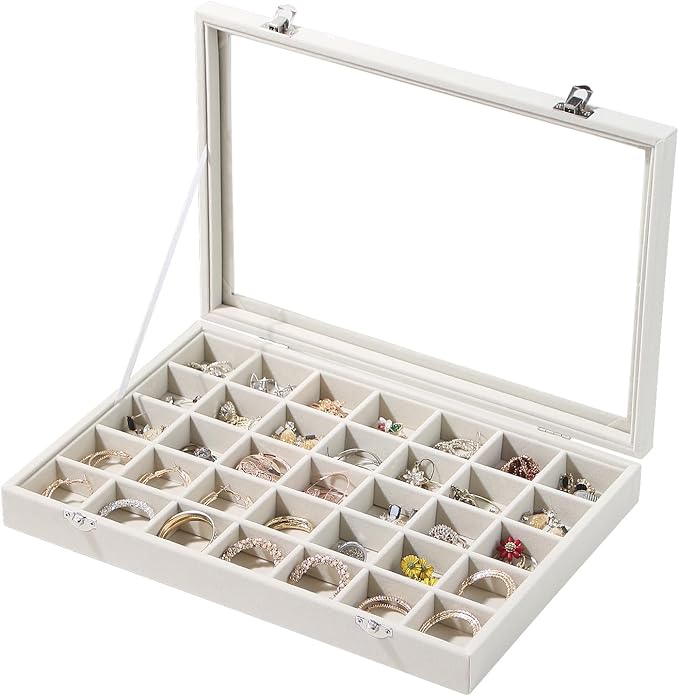 Coward Ring Earring Jewelry Organizer Box, 35 Grids Dustproof Display Holder Case, Beige Velvet Jewelry Bead Display Tray Case with Transparent Glass Lid for Momen Girls by FocusOnJewelryDisplay15yrs