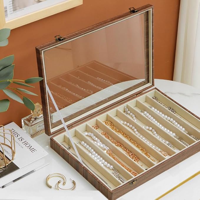 Glass Lid Necklace Organizer Box Transparent Necklace Holder Organizer Velvet Necklace Display Box Clear Lid Jewelry Storage Stackable Necklace Display Case for Women Girls (Style C) by MIOINEY