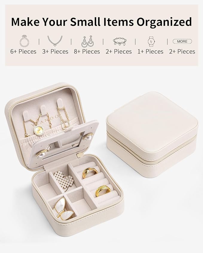 VLANDO Bridesmaid Gifts - Small Travel Jewelry Box Organizer - Wedding Gifts for Girls Women Rings Earrings Necklaces Storage with Mirror - Milky White - Image 7