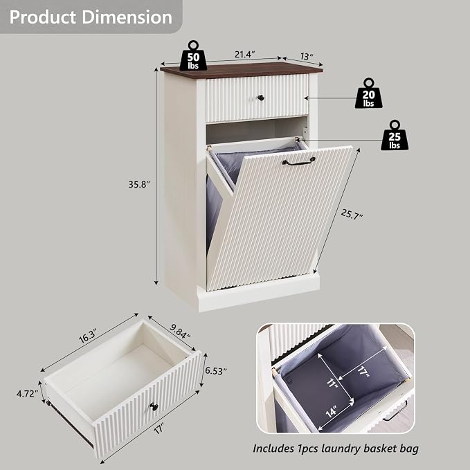IFBUY Modern Tilt-Out Laundry Hamper Cabinet, 10 Gallon Fluted Trash Can Cabinet with Drawer, Wooden Hidden Garbage Can Cabinets with Laundry Basket, Free Standing for Bathroom and Kitchen, White - Image 2