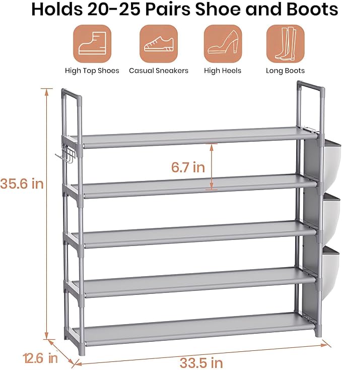 VILICK Shoe Rack for Closet Shoe Organizer Space Saver Storage for 20-25 Pair Shoe Shelf with Hook and Side Pocket Free Standing 5 Tier Shoe Rack Organizer for Entryway,Small Spaces, Grey - Image 3