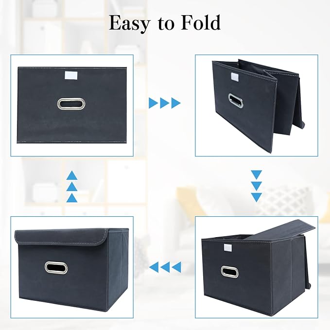 STOREONE Fabric Storage Cube Bins Foldable Organizer Container Collapsible Basket with Lids and Metal Handles, for Home, Bedroom, Closet 3 Pcs (Grey) - Image 6