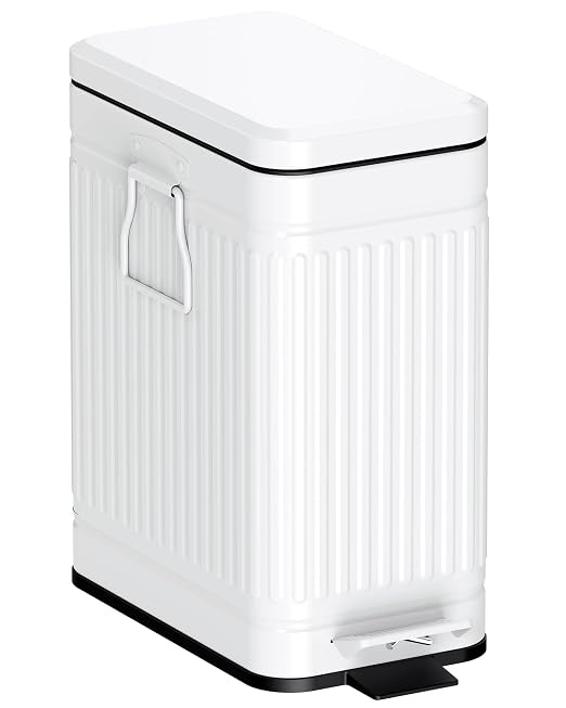 Small Bathroom Trash Can with Lid Soft Close, 6L / 1.6 Gallon Stainless Steel Small Garbage Can with Step Pedal, Slim Waste Basket for Bedroom, Toilet, Office - White by GibHerz