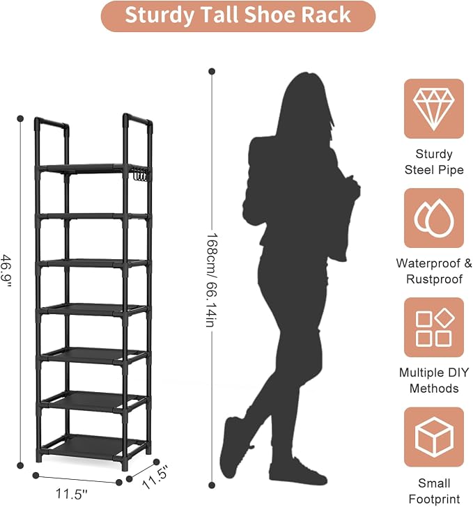 LANTEFUL Tall Shoe Rack 7 Tier Narrow Shoe Shelf Storage for 7-14 Pairs Shoe and Boot, Sturdy Shoe Storage Space Saving Corner Shoe Rack Organizer for Closet, Entryway, Living Room, Black - Image 3