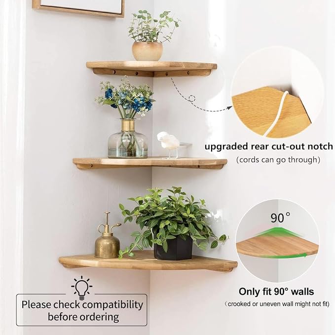 Corner Shelf, 7inch Solid Oak Wood Floating Corner Shelf Wall Mount Round End Floating Speaker Shelves with Wire Hole for Small Plant Photo Frame for Bedroom Kitchen, Living Room | Wire Hole, Small Plant, Photo Frame, Bedroom, Kitchen, Living Room - Image 5