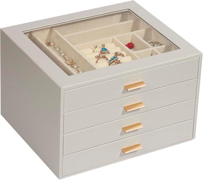 Jewelry Box with Glass Lid, 4-Layer Jewelry Organizer for Women Girls, PU Leather Display Case with 20-Grid Earring Tray & Movable Dividers for Necklaces Rings,Grey by Unknown