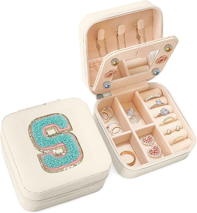 SANDJEST Personalized Jewelry Box, White Travel Jewelry Box with Initial S, Small Monogrammed Jewelry Case Organizer for Girls Women Teen Kids, Mini Travel Essentials Gifts for Birthday Christmas by SANDJEST