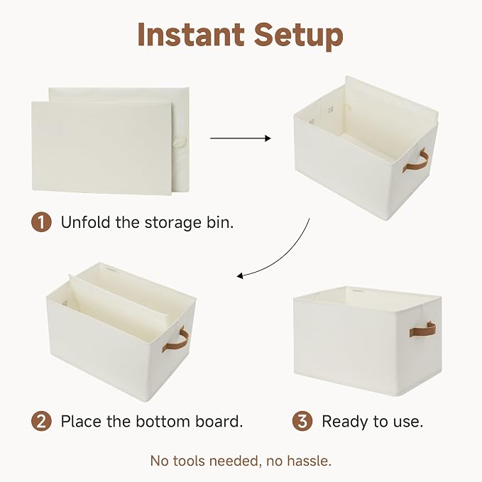StorageWorks Foldable Storage Bins with PU Handles, Closet Storage Baskets, Fabric Bins for Clothes Storage, Ivory White, 3-Pack, Extra Large - Image 7