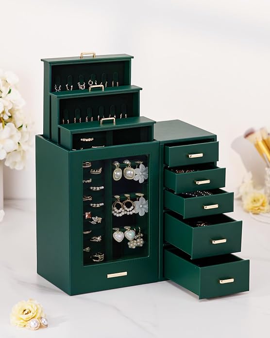 Homde Large Jewelry Box/Organizer/Case with Glass Window, Drawers for Necklaces Earrings Rings Bracelets Watches Gift for Women Girls - Image 7