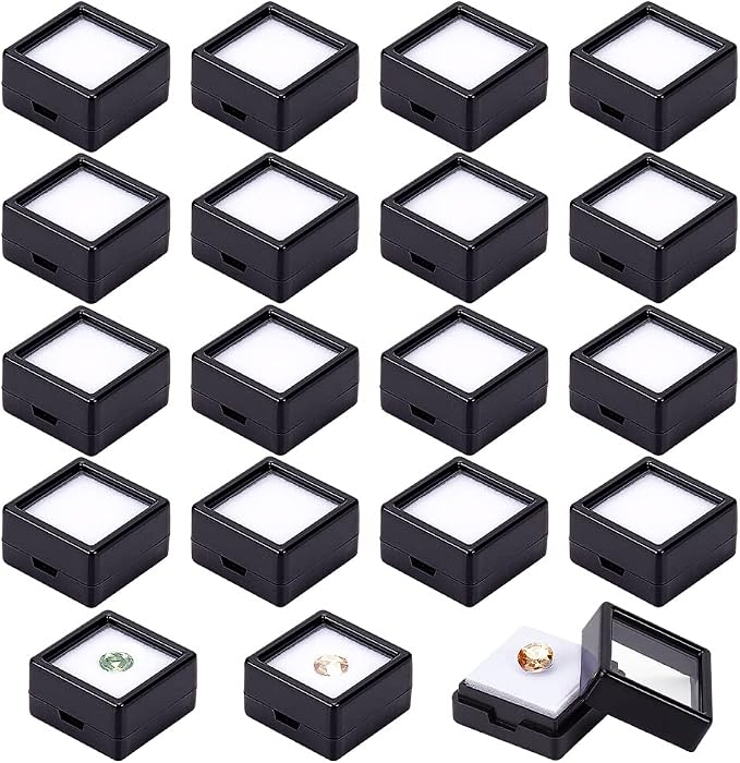 BENECREAT 36 Pcs Black Gemstone Display Box Plastic Transparent Bare Stone Box Black Square Jewelry Box 1.16x1.16x0.65 Suitable for Gemstone, Jewelry, Crystal Diamond Accessories Display by BENECREAT