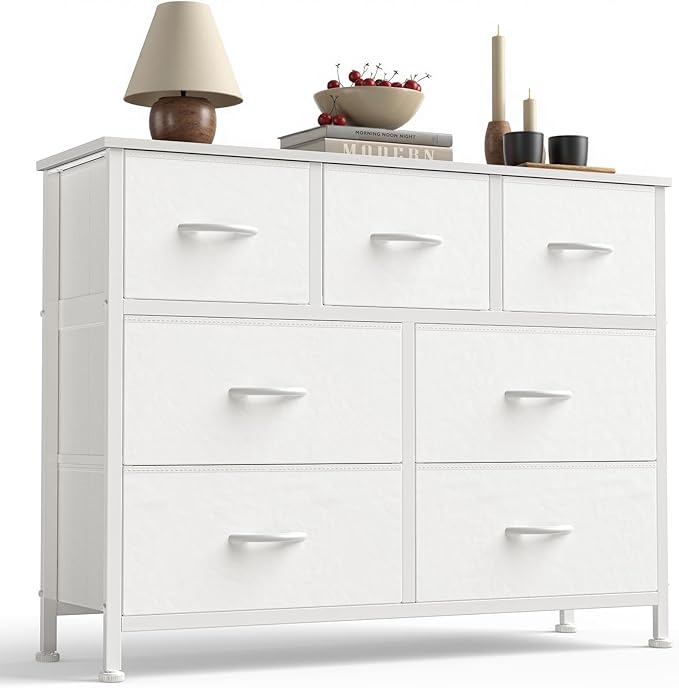Sweetcrispy 7 Drawer Dresser with Fabric Bins Fabric Storage Tower Organizer for Bedroom Closet Hallway Entryway Tall Chest of Drawers with Steel Frame Wood Top Easy Pull Handles,White by Sweetcrispy