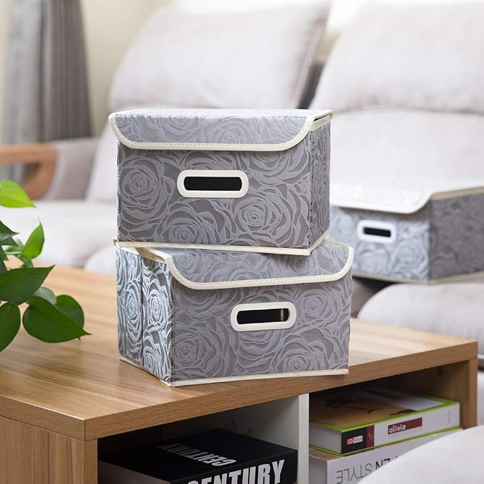 PRANDOM Collapsible Storage Boxes with Lids Fabric Decorative Storage Bins Cubes Organizer Containers Baskets with Cover Handles Divider for Bedroom Closet Living Room 9.8x7.9x6.7 Inch 3 Pack - Image 2