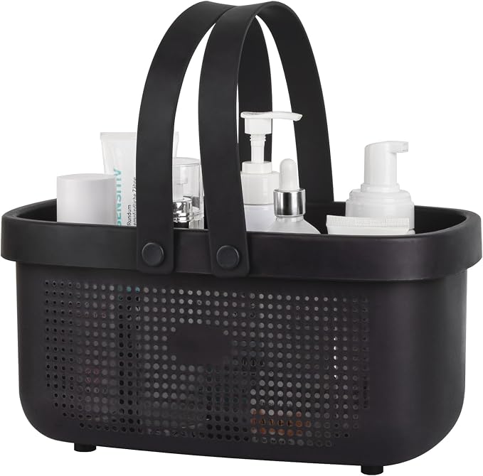 JiatuA Plastic Storage Basket with Handle Portable Shower Caddy Tote Organizer Basket Bin for Bathroom Kitchen Dorm Room Bedroom, Black by JiatuA