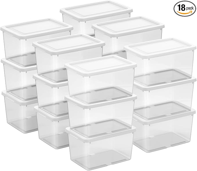 Sterilite 18 Pack Storage Boxes, Clear Plastic Stackable Containers, Lightweight Home Organizers with Snap Lids, 20 Quart, White by Sterilite