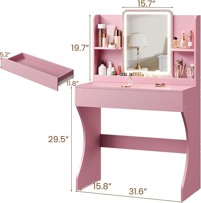 Driftalia Small Vanity Desk with Mirror and Lights, Makeup Vanity with Storage Drawer, 2 Shelves and 3 Compartments - Pink