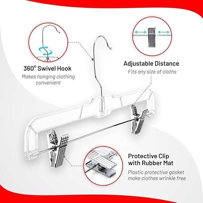DEILSY™ Skirt Hangers 100 Pack Pants Hangers Shorts Clear Plastic Clothes with Adjustable Clip Non-Slip Clothes Clip Perfect for Pant, Pack of 100 - Image 3