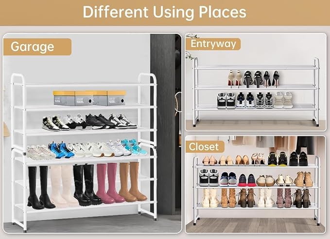 KEETDY 3-Tier Long Shoe Rack for Closet Metal Shoe Organizer for Entryway, Wide Stackable Shoe Storage Shelf with Sturdy Wire Grid for Closet Floor, Bedroom, White - Image 6