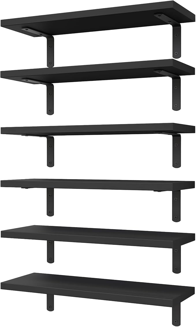WOPITUES Wood Floating Shelves Set of 6, Shelves for Wall Decor, Farmhouse Shelf for Bedroom, Bathroom Storage Shelves, Book Shelves for Living Room-Black by WOPITUESOfficial