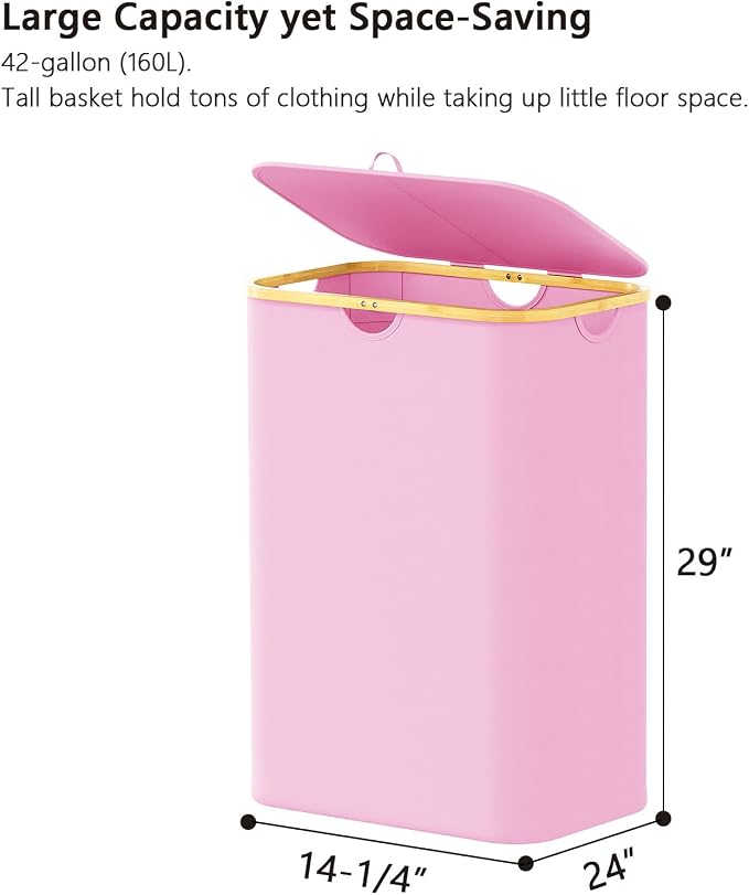 SpaceAid Double Laundry Hamper 2 Section with Lid and Removable Laundry Bags, 160L Clothes Basket with Bamboo Handles, Large Collapsible Hamper for Bedroom, Bathroom, Dorm, Laundry Room - Pink - Image 5