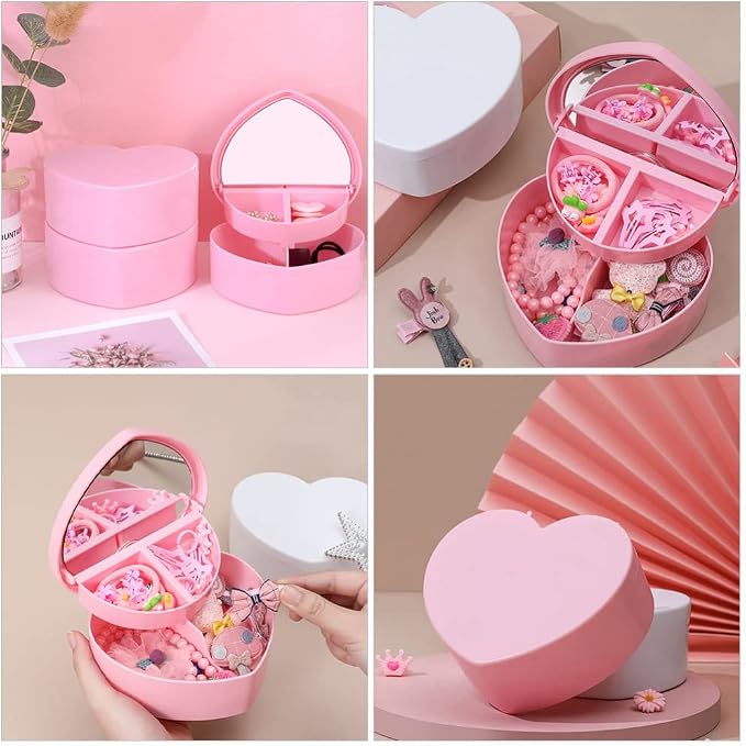 Cabilock 4 PCS Heart Shape Double Layer Jewelry Box with Mirror, Portable Jewelry Organizer Case for Earrings Rings Necklaces Desk Topper Organizer, Pink - Image 2