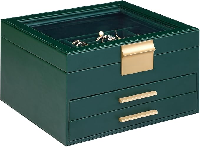 Somduy Jewelry Box Organizer for Women,3 Layers PU Leather Jewelry Storage Display Box with Glass Lid,Gift for people,3 Drawers,Large Capacity for Necklace Earrings Bracelets Rings, Dark Green by Somduy