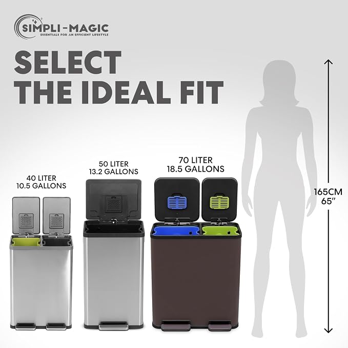 SIMPLI-Magic 18.5 Gallon (70L) Dual Compartment Kitchen Trash Can - Hands-Free Step Pedal, Soft-Close Lid, Stainless Steel Recycling Bin with Odor Filter (40L + 30L) - Image 4