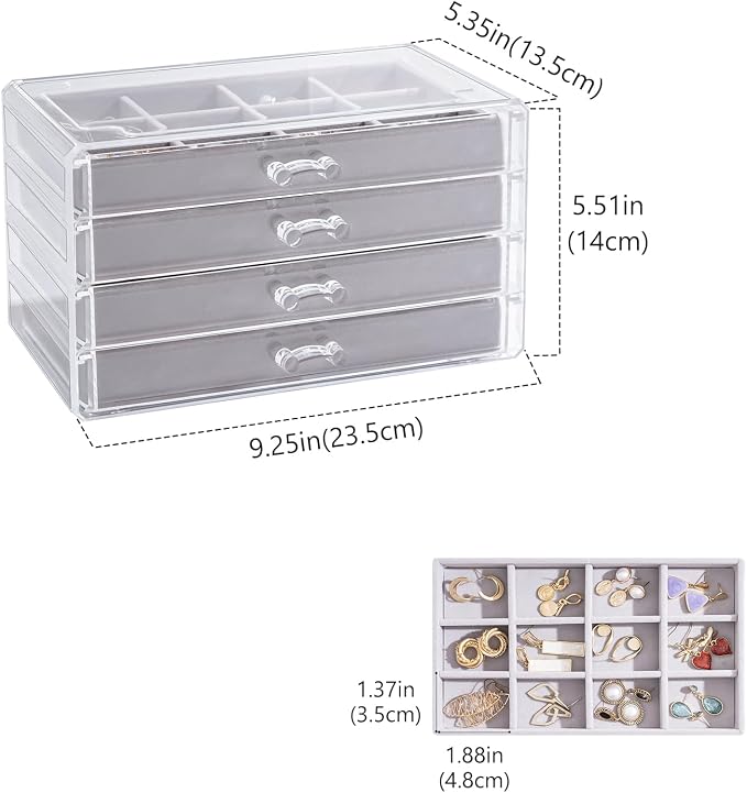 Lolalet Earring Holder Organizer Box Jewelry Storage with 4 Drawers, Clear Acrylic Stackable Earring Case with Adjustable Velvet Trays for Women on Dresser Vanity -Grey, 4 Layers - Image 5