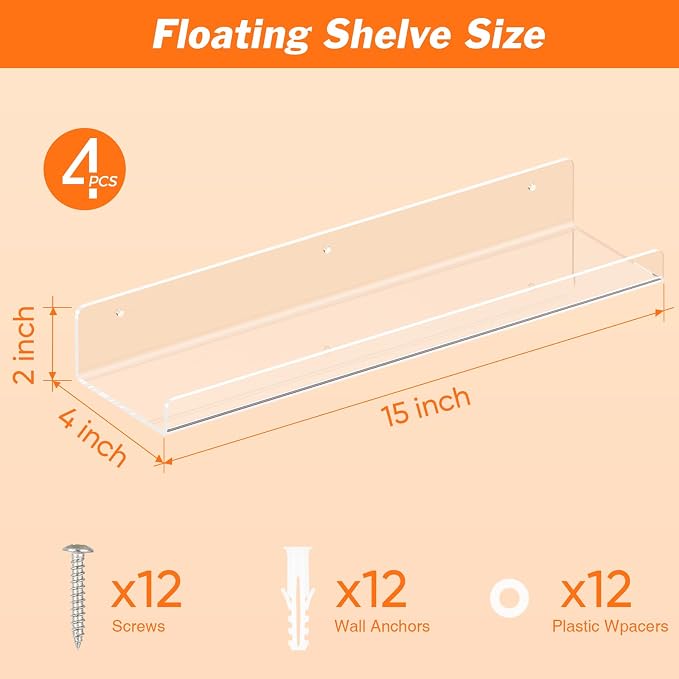 Dooiclear 4 Pack Floating Shelves for Wall, 15" Clear Book Shelf, Acrylic Floating Wall Shelf, Display Shelves Organizer for Bathroom, Classroom, Bedroom, Living Room, Kitchen, Room Decor - Image 3