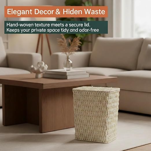 Coeusy 3 Gallon Paper Rope Bathroom Trash Can,Small Wicker Trash Cans with Lid and Liner,Woven Rattan Narrow Waste Basket for Bedroom,Office,White - Image 6